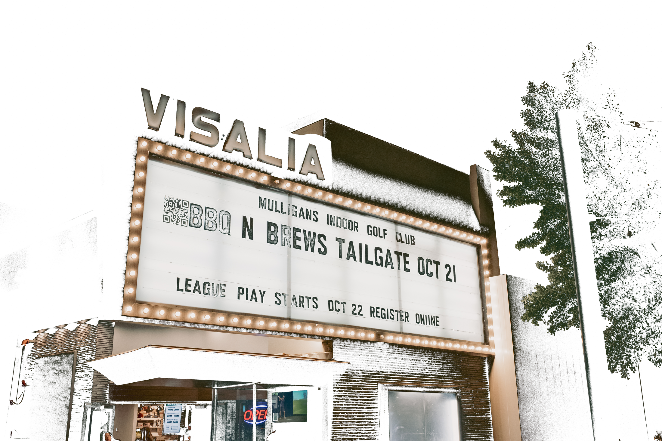 Historic Downtown Visalia theater marquee building reading Mulligans Indoor Golf Club, BBQ N Brews Tailgate, and League Play